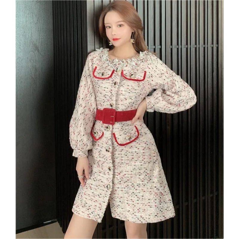 

2019 Autumn Winter Tweed Dress O neck Long Sleeve Female New Fashion Chic Vintage Slim Elegant Party Dresses
