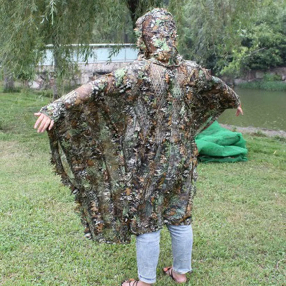 Levensechte 3D Bladeren Camouflage Poncho Mantel Stealth Suits Outdoor Woodland Cs Game Kleding Voor Jacht Schieten Birdwatching Set