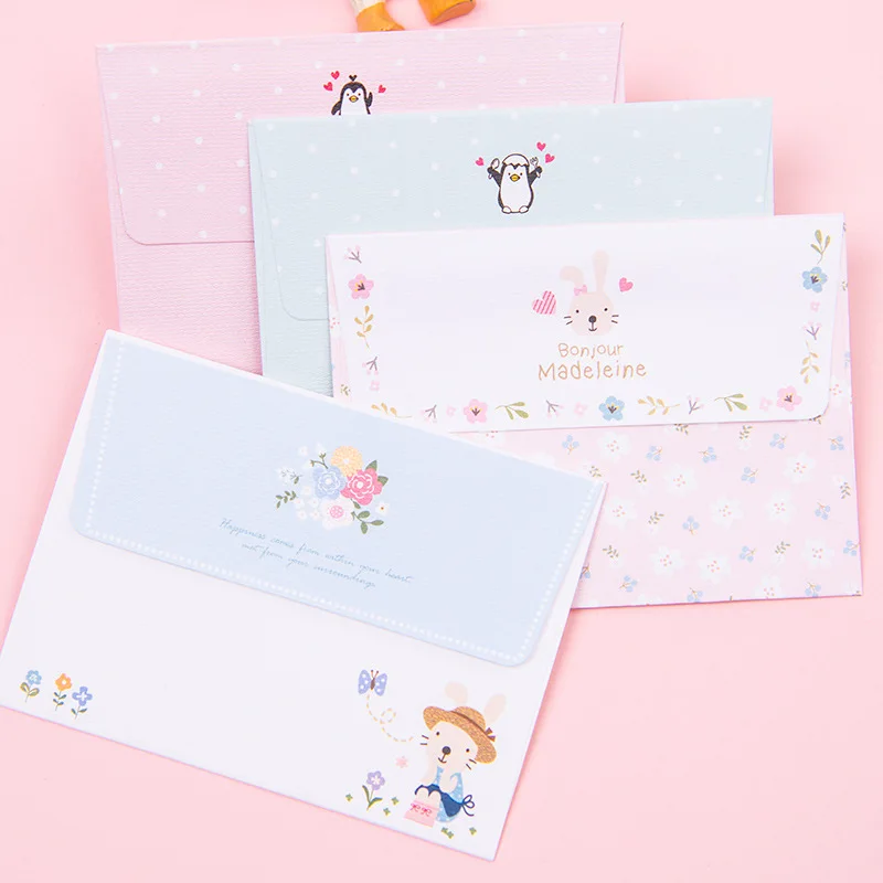 Sobres de 4 hojas para juego de papel de carta, suministros de oficina, letras de carta de amor, flor, Animal bonito, escritura, letras de papel, sobre