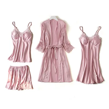 

Soft Satin Women Pink 4PCS Robe Kimono Gown Nighty&robe Set Silky Wedding Robe Casual Sleep Suit Nightwear Sexy Short Homewear