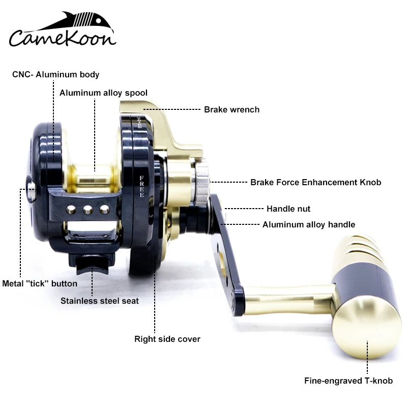 CAMEKOON Рыболовная катушка для соленой воды, левая/правая ручка, медленно отжимающиеся колеса, Троллинг, рыболовное колесо до 32 кг, Макс, Тянущее цельнометаллическое колесо