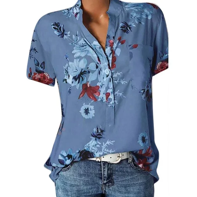 Temperament new women's shirt printing large size casual shirt loose V-neck short-sleeved shirt blouse Blue