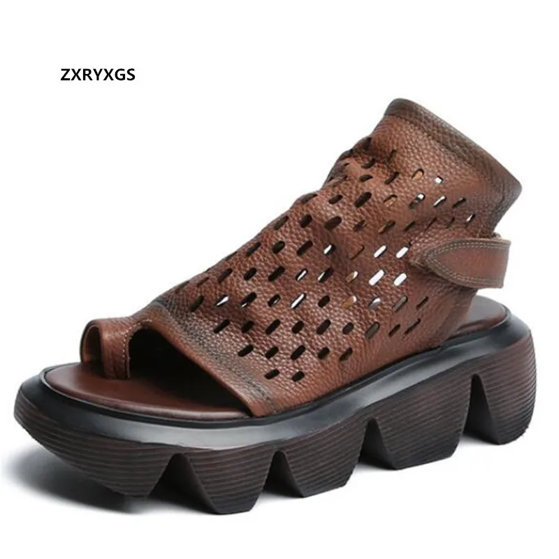 

2022 Summer New Platform Non-slip Heighten Sandals Hollow Toe Strap Full Genuine Leather Shoes Roman Sandals Women Sandal Shoes