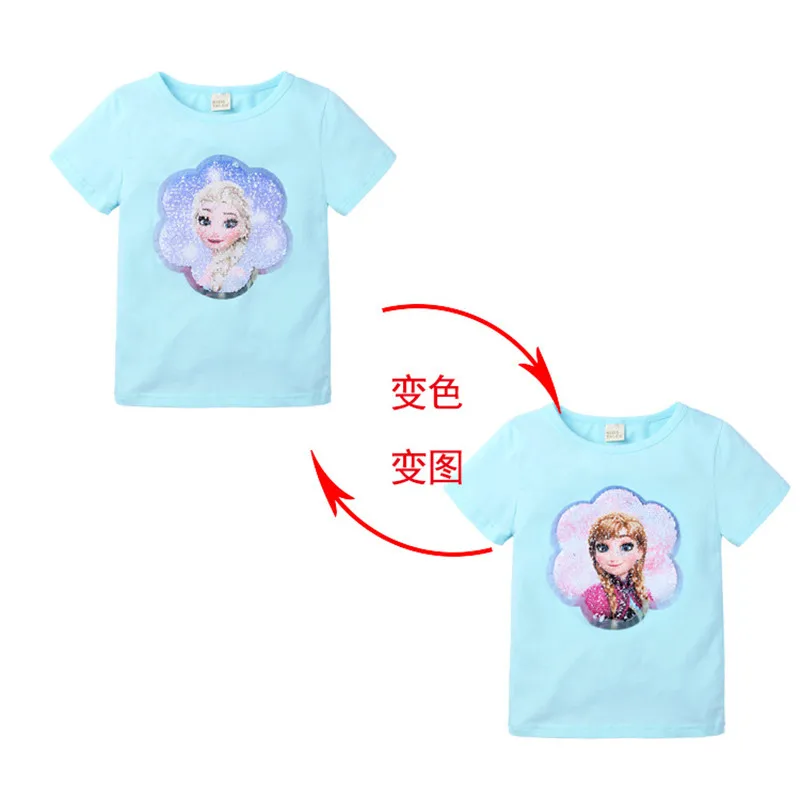 Летняя футболка для маленьких девочек с изображением Эльзы и Анны; одежда с короткими рукавами; милые детские топы принцессы с блестками; Детские повседневные футболки - Цвет: Синий