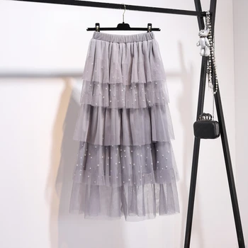 

Tulle Skirts Womens Black Gray Elastic High Waist Ball Gown Ruffles Handmade Nail Bead Elegant Pleated 2019 Spring Women Skirt