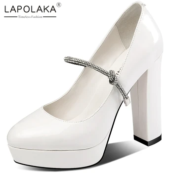 

Lapolaka 2020 Hot Sale Genuine Cow Leather Chunky High Heels Pumps Woman Shoes Platform Pointed Toe Crystal Shoes Women