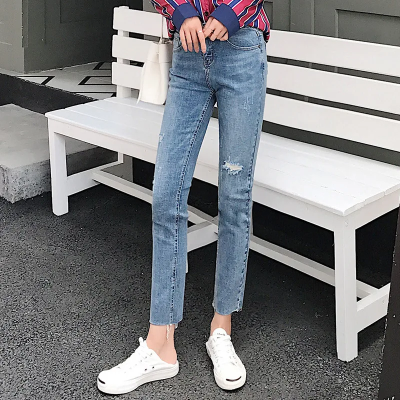 Light blue Прямые женские брюки для мальчиков, винтажные рваные джинсы с высокой талией, женские ковбойские джинсовые штаны длиной до щиколотки - Цвет: Light blue
