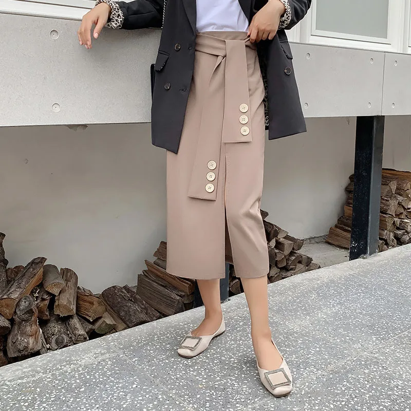 Khaki Корейские новые осенние миди сплит юбки женские с высокой талией модные однотонные юбки женские юбки леди плюс размер юбка jupe femm - Цвет: Khaki
