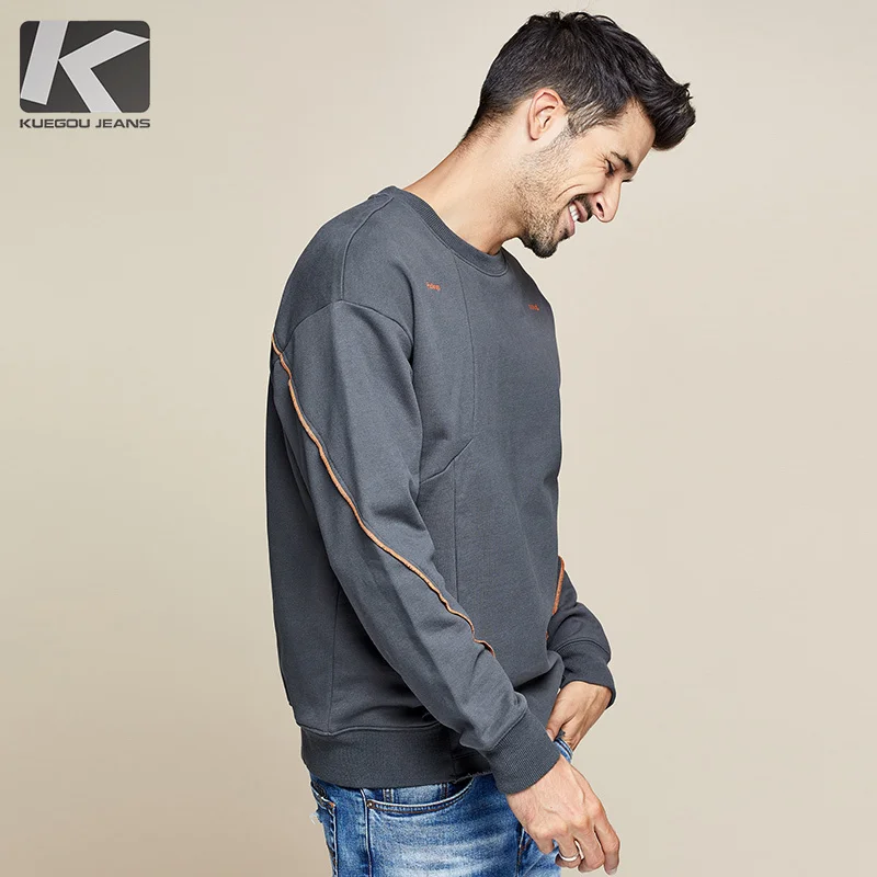 

KUEGOU 2019 Autumn 100% Cotton Gray Embroidery Sweatshirts Men Fashions Japanese Streetwear Hip Hop Male Brand Clothes Top 1737