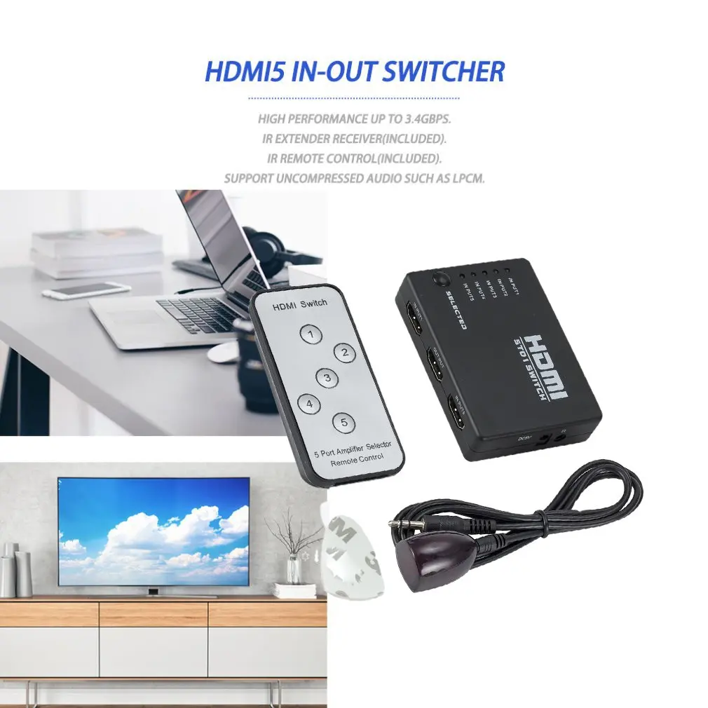 Мини 10%-85% RH 2,5 Гбит/с/250 МГц ИК-пульт 5 портов HDMI переключатель 5-в-1 5*1 Коммутатор HDMI сплиттер HDMI порт для HDTV 1080P Vedio