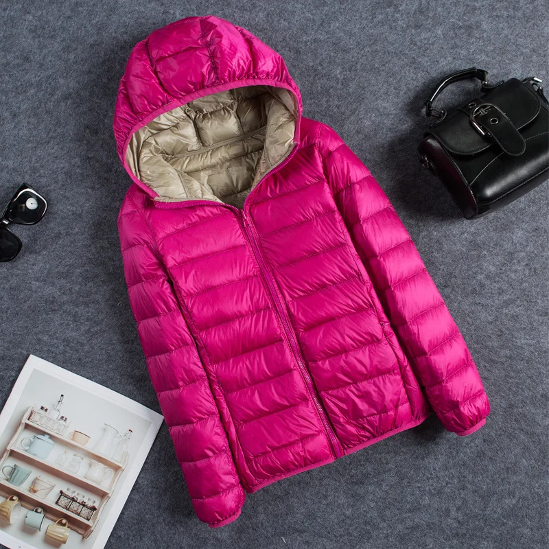 Khaki-Rose red M-4XL, осенне-зимнее пуховое пальто с капюшоном, женский ультра-светильник, тонкий Двусторонний пуховик, короткое пальто, портативная парка размера плюс - Цвет: Khaki-Rose red