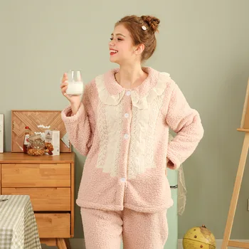 

XIFER Winter Ladies Pajamas Long-sleeved Women's Cute Bubble Fleece Pajamas Ladies Home Service Suit