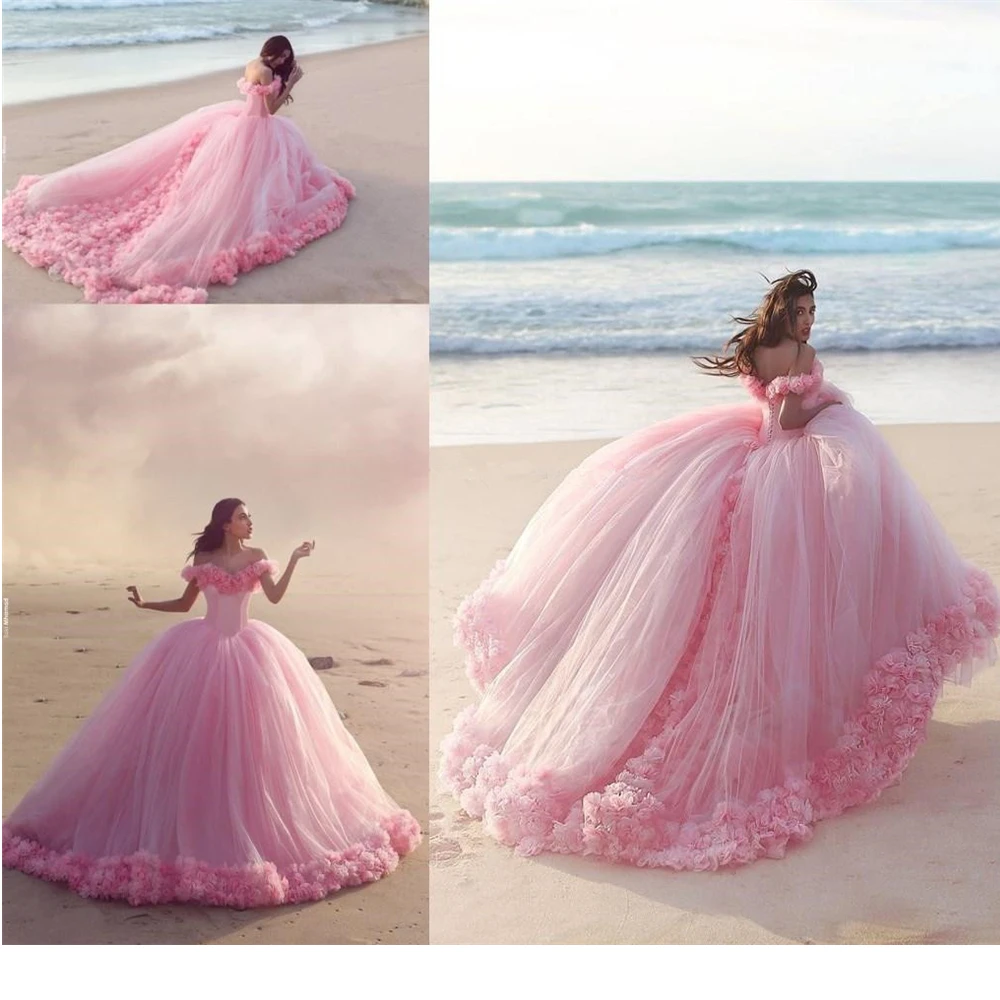 Роскошный дизайн бальное платье розовые свадебные платья лепестки цветочные цветы с открытыми плечами принцесса свадебные платья на заказ - Цвет: Pink