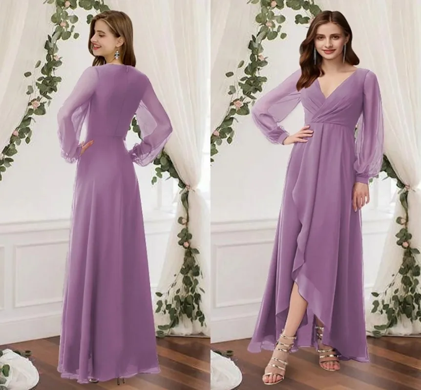 

Simple Lilac Asymmetrical Evening Dresses 2024 V Neck Long Sleeve Ankle Length Prom Party Gown Vestidos De Fiesta Robe De Soiree