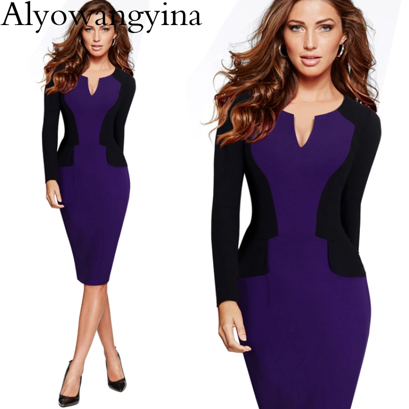 Alyowangyina Платье женское модное с длинным рукавом Cas Vestidos повседневное деловое облегающее офисное платье карандаш B342