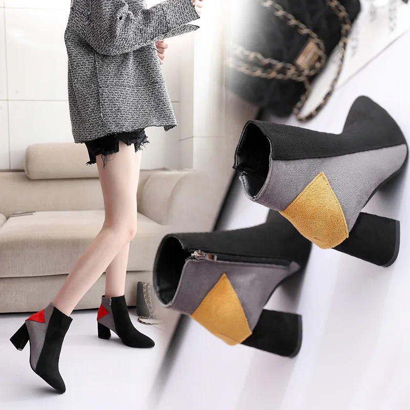 

Short Boots Women's Spring And Autumn 2019 New Style Europe And America Chunky-Heel High Heels Boots Short Boots Suede Mixed Col