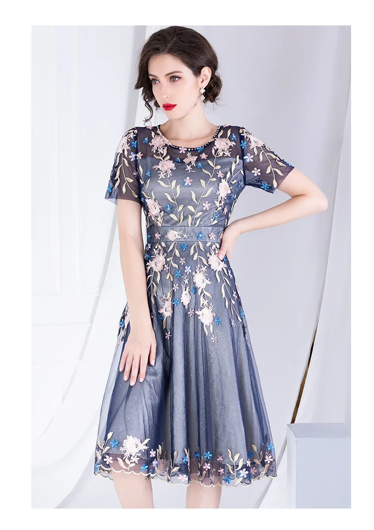Женская одежда элегантное платье Новое вышитое Сетчатое Бисероплетение Vestidos О-образным вырезом с высокой талией, из лоскутов тонкое женское цельное платье
