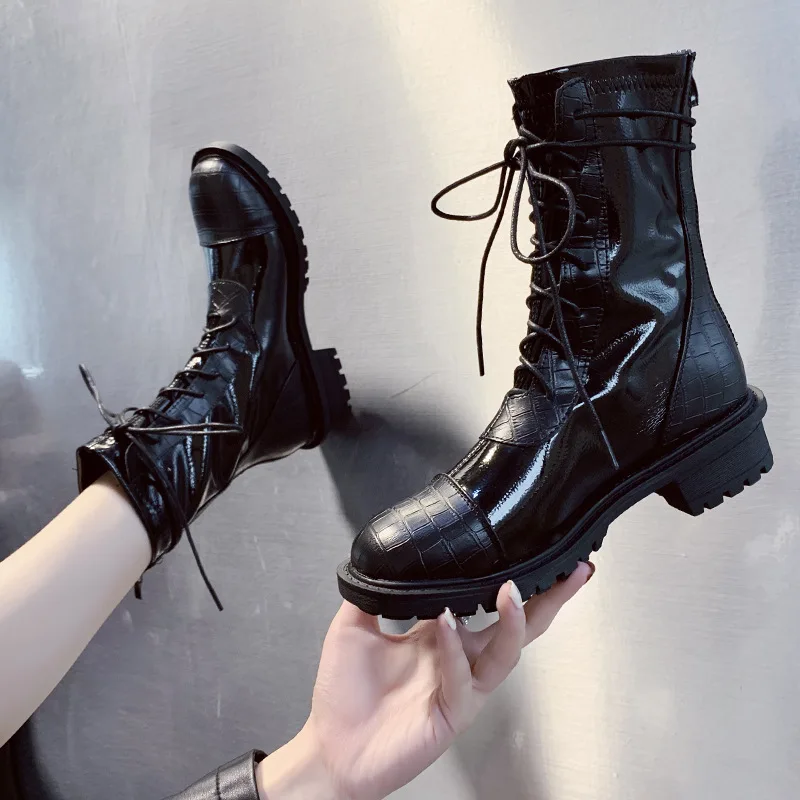 

2019 Autumn And Winter New Style Martin Boots Retro round-Toe Bandage Cloth Short Boots Flat Square Heel Locomotive Single Boots