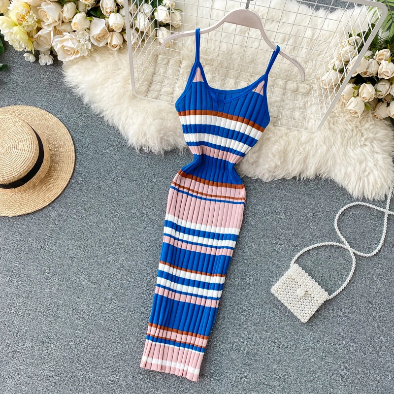 Vintage 2020 V Neck sexy striped print Slim Bodycon Knitted short Dress Summer Party Women spaghetti strap dress Club dresses