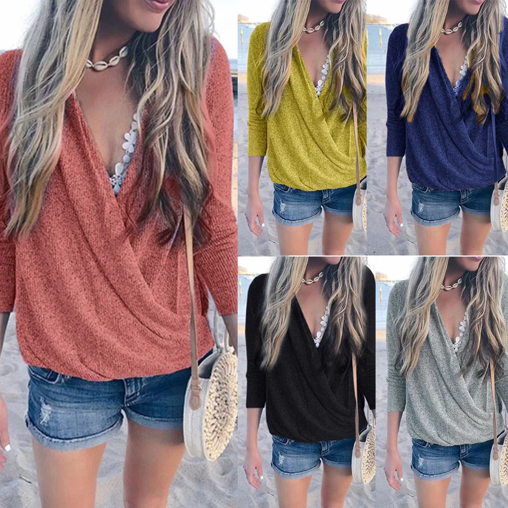 

2019 Tshirt Women Long Sleeve Wrap V-Neck Knitted Tops Casual Sweatshirts Haut Camiseta Mujer Top Women Harajuku T Shirt Poleras