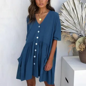 

Women Summer Dress Solid Color V Neck Half Sleeve Slim Casual Pockets Dress