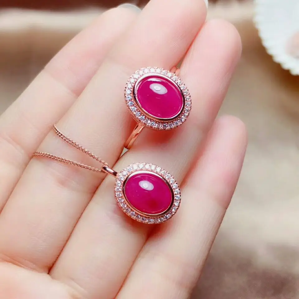

MeiBaPJ Natural Myanmar Ruby Gemstone 925 Pure Silver Ring Pendant Necklace 3 Suits Fine Wedding Jewelry Sets for Women