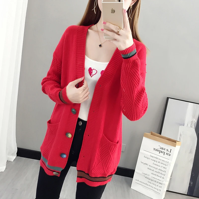 6 Colors Kintted Women Sweater Loose Pockets V-neck Long Sleeve Cardigan Knitwear Fashion Autumn Winter Sweaters Black Blue Red 6 Colors Kintted Women Sweater Loose Pockets V-neck Long Sleeve Cardigan Knitwear Fashion Autumn Winter Sweaters Black Blue Red