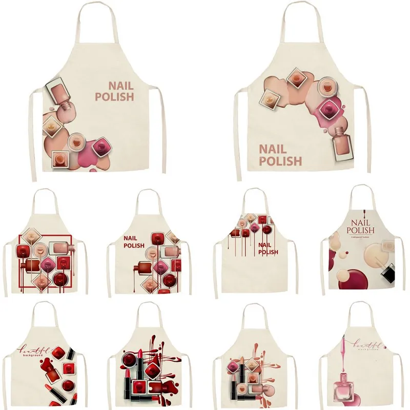 1Pcs Kitchen Apron Color nail polish bottle Printed Sleeveless Cotton Linen Aprons Men Women Home Cleaning Tools 55*68cm