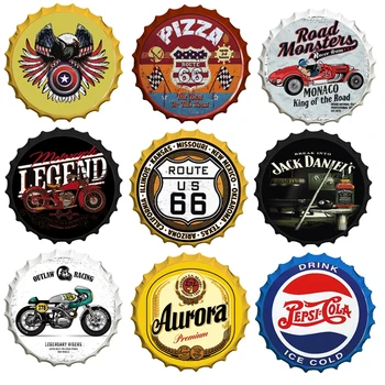 

Vintage Route 66 Car Motor Tin Sign Wine Beer Cap Signs Bar Garage Round Art Decor Plaques Metal Plate Hanging Crafts Customized