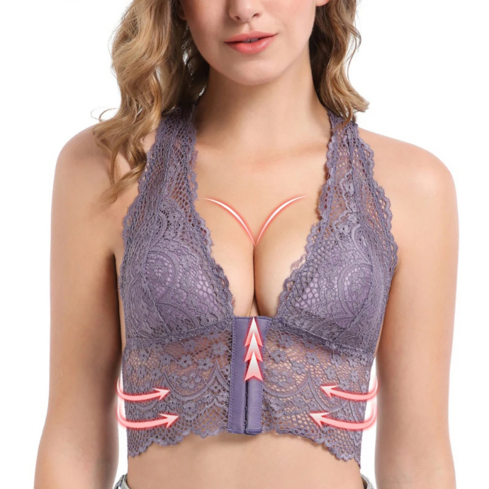 

Женский удобный бюстгальтер с передней пряжкой, бесшовный кружевной бюстгальтер, нижнее белье большого размера, регулируемый спортивный дышащий бюстгальтер с красивой спинкой
