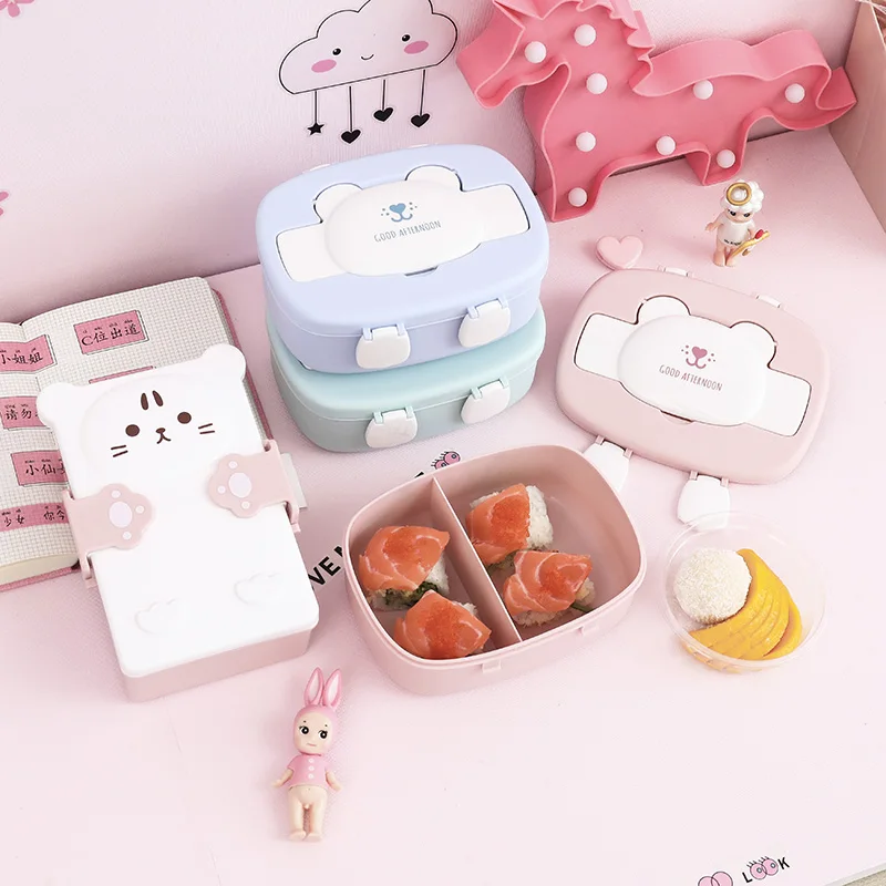 Детские Мультяшные милые коробки Bento, двухслойный пластиковый Ланч-бокс, контейнер для хранения еды, микроволновая печь для детей и школьников