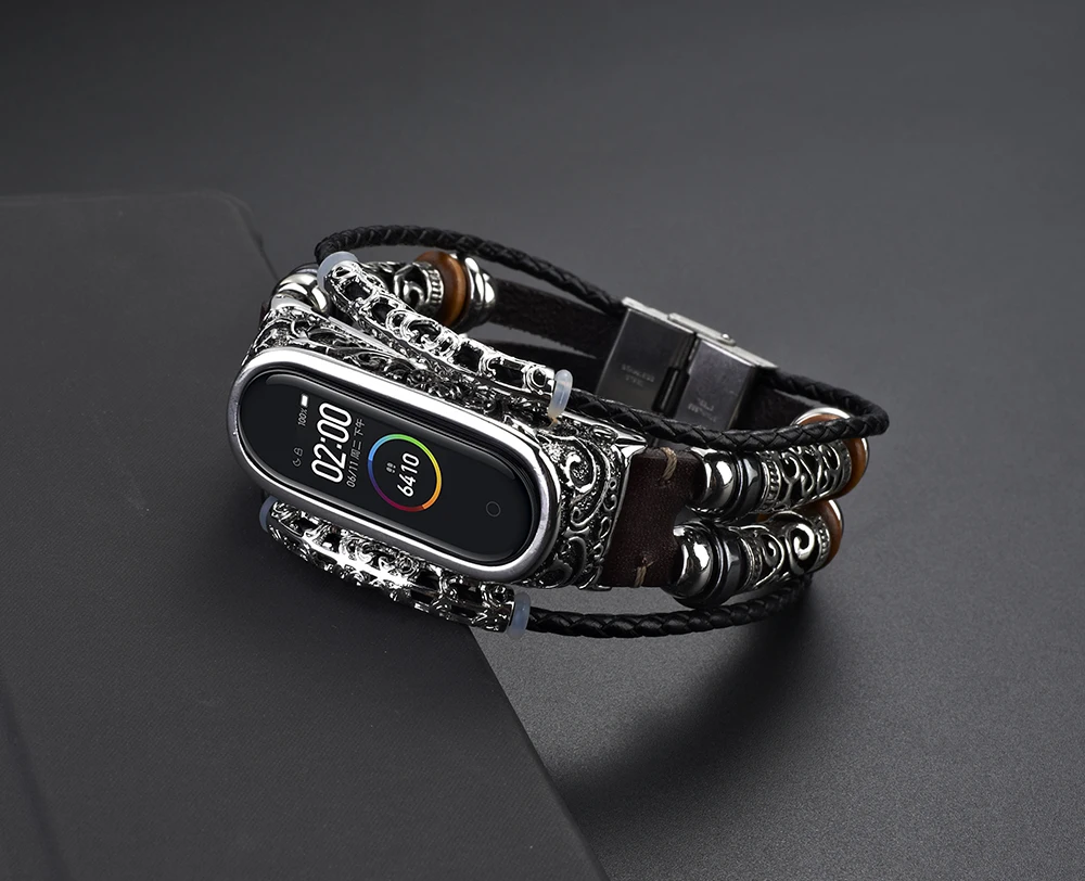UEBN кожаный Ретро ремешок для часов для xiaomi miband 4 с металлической рельефной каймой браслет DIY браслет для miband 3 умный Браслет