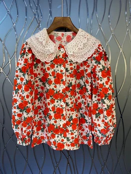 

2020 spring and summer new women's water-soluble color matching stitching lapel printed long-sleeved wild top 708