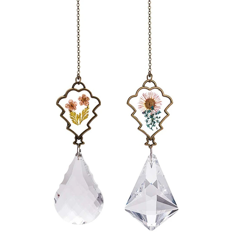 

2 Pcs Crystal Suncatcher Ornaments with Real Embedded Pressed Flower Hanging Pendant Prism Window Ornament Decoration