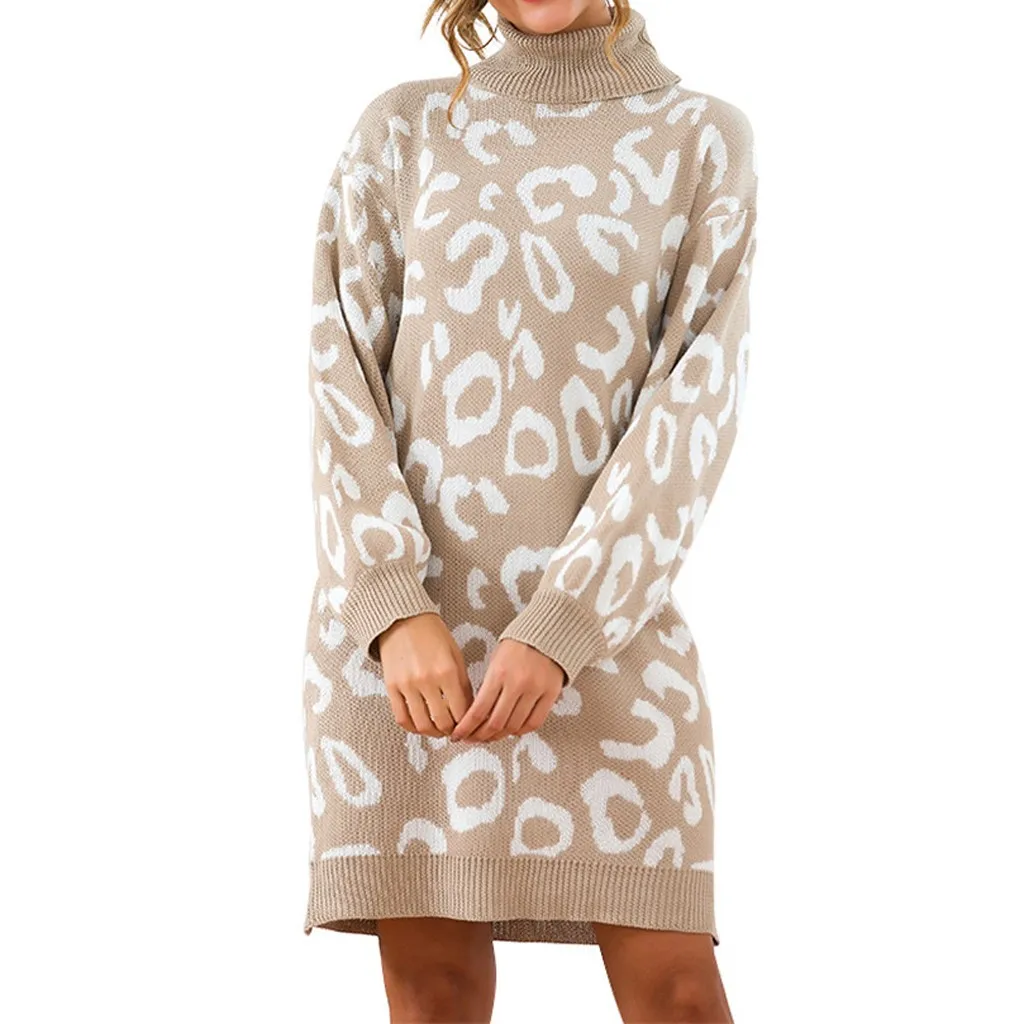 Женский свитер мода плюс размер женский свободный зимний мягкий теплый пуловер Водолазка леопард длинный рукав свитер Мини платье#45
