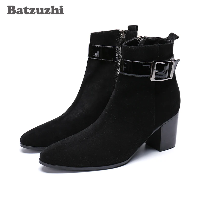 Batzuzhi Korean Type Men Boots Pointed Toe Black Suede Ankle Knight Party for Bota Masculina Big US6-12 |
