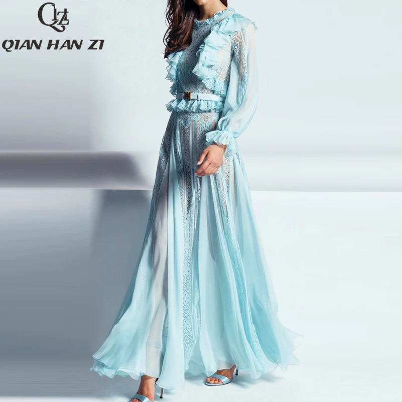 Qian Han Zi 2020 lente zomer runway Maxi jurk vrouwen Ruche Elegante Chiffon Panel Lace hollow out Casual Lange strand Jurk Qian Han Zi 2020 lente zomer runway Maxi jurk vrouwen Ruche Elegante Chiffon Panel Lace hollow out Casual Lange strand Jurk