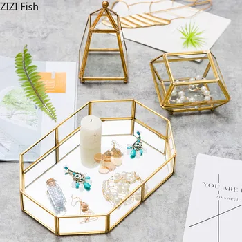 

Transparent Glass Jewelry Storage Box Metal Frame Jewelry Cosmetic Storage Box Modern Style Home Storage Tool