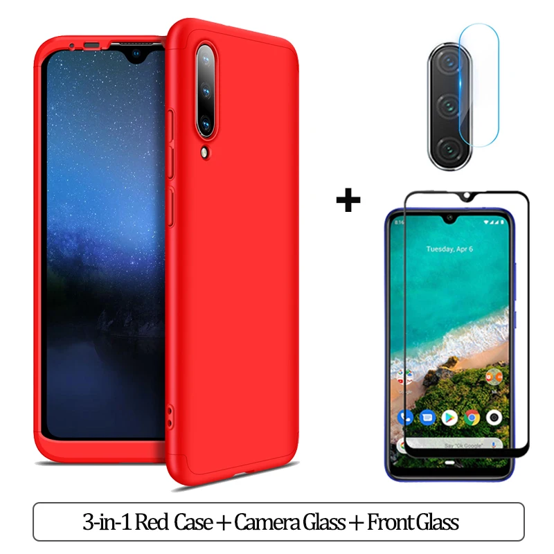 3-в-1 защитный чехол для mia3 xiaomi mi a3 чехол на ксиоми ми а3 жесткий Пластик анти-противоударный бампер чехол MiA2 xiaomi-mi-a2-lite 360 Полное покрытие mi a3 чехол+ стекло сяоми ми а2 лайт чехол сяоми ми а3 чехол - Цвет: 3-in-1 Red