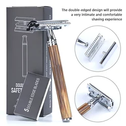 Double Edge Classic Safety Razor With Long Natural Bamboo Handle Men's Safety Manual Razor 1 Razor 5 Blades For Men Women