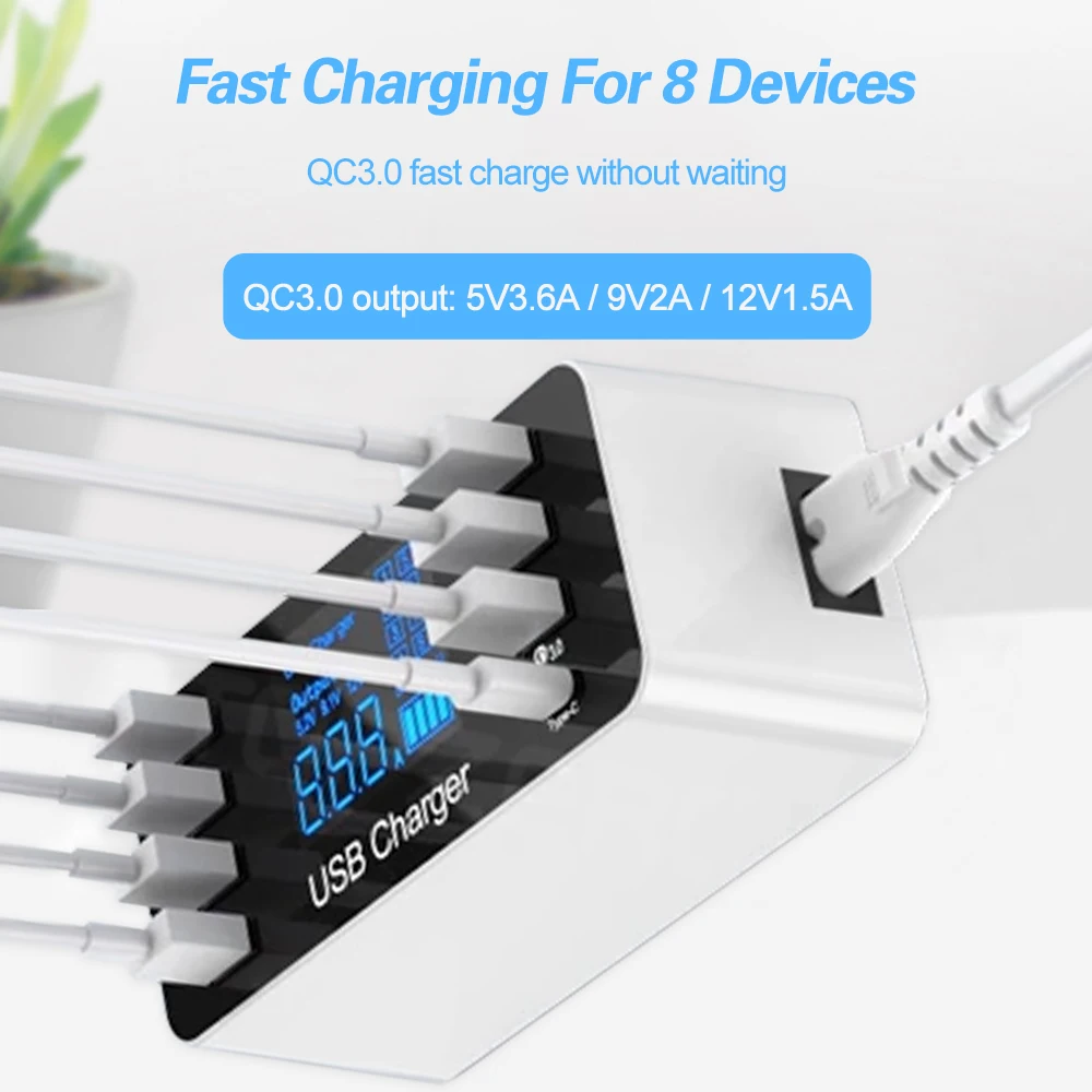 US $26.47 8 Ports Fast Charging USB Charger QC30 Quick Charge Type C Smart Charger Station LCD Digital Display USB MultiPort For Phone