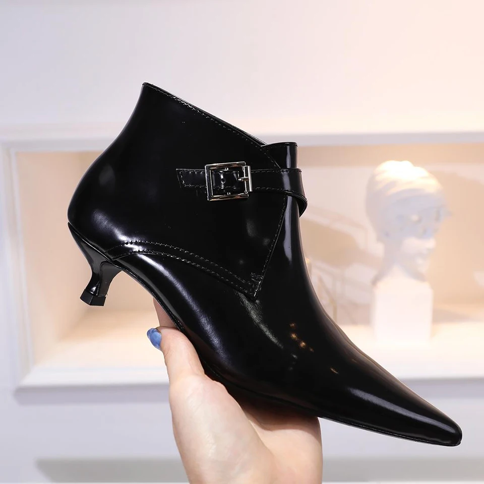 

BELLECOM Fall 2019 New Kitten Leather Cat heel Single Shoe Tip Sexy Lacquer High heel Shoe