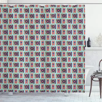 

Hip Hop Shower Curtain, Night Club Dj Equipments as Turntables Mixer and Speakers Pattern in Pastel Colors, Cloth Fabric