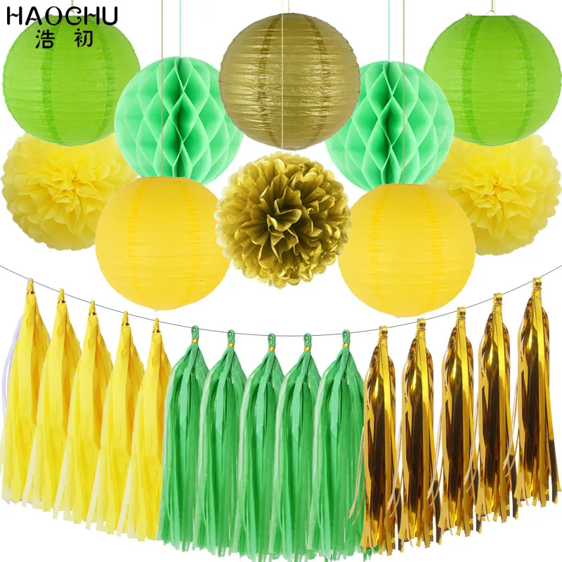 25pcs/set Gold White Round Hanging Paper Ball Lanterns Honeycomb Tissue Pom Poms Tassel Birthday Wedding Theme Party Decorations - Цвет: Yellow Green