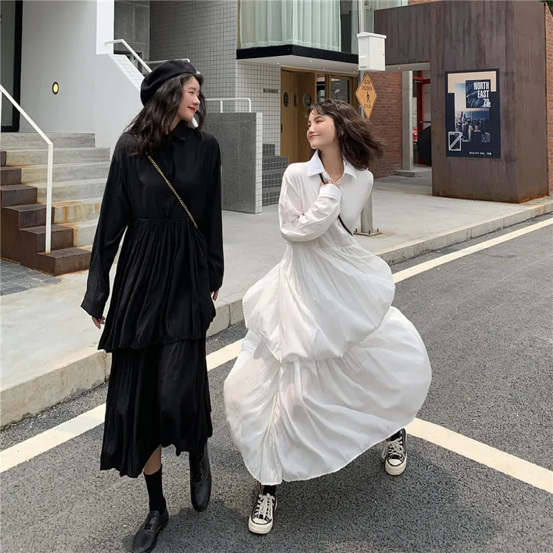 EAD 2020 spring new shirt dress female Korean temperament Slim loose waist lapel long sleeve chiffon black white | Женская одежда