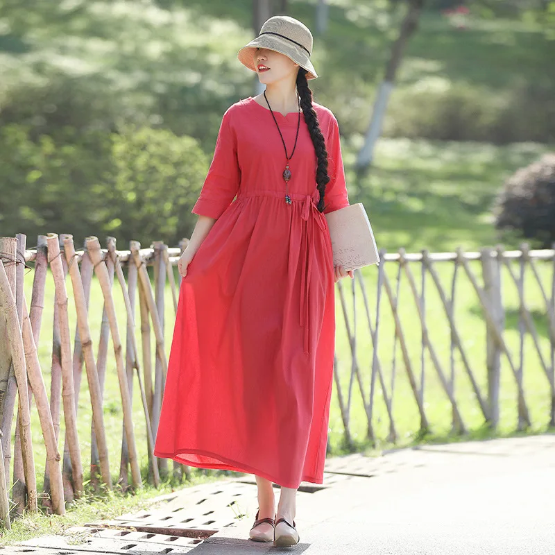

2019 Summer New Style Travel Literature And Art Cotton Linen Solid Color Large Size One Piece Long Skirts Xian Qi Dress