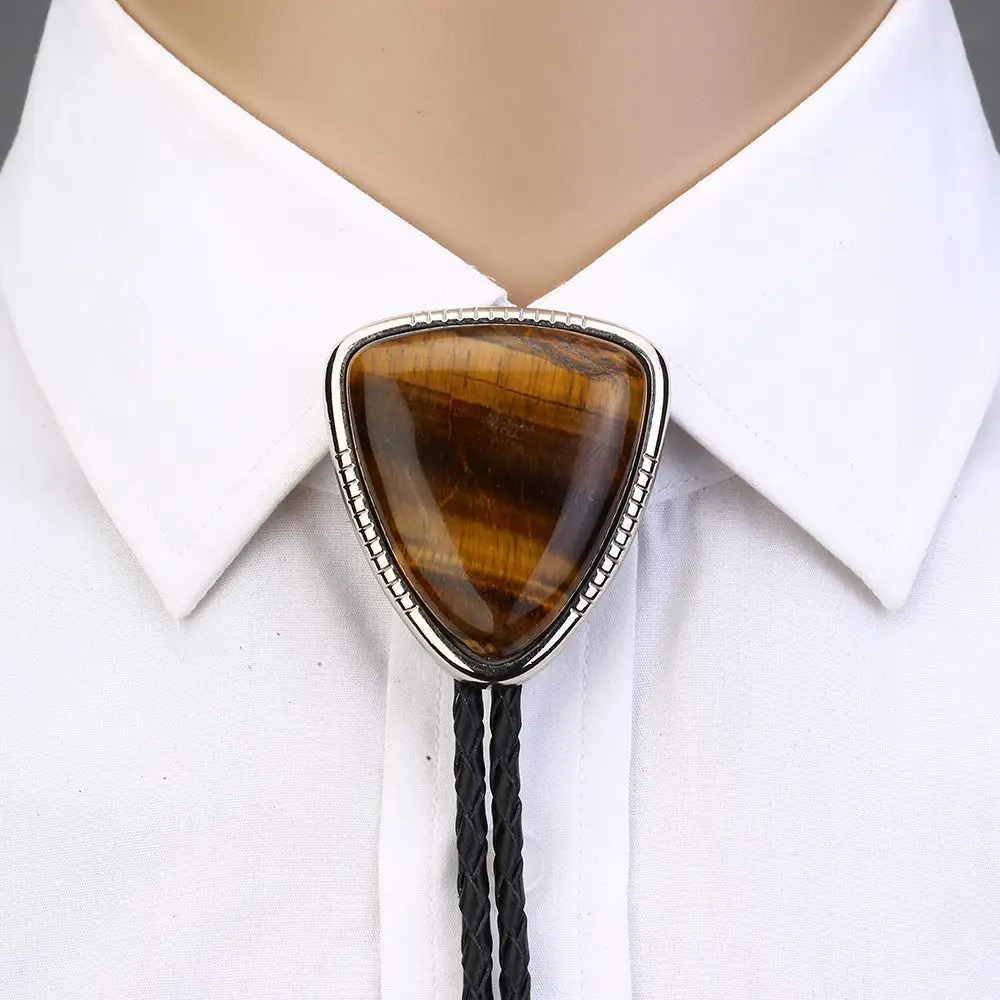 Woven Necktie Bolo Tie for Man Women Handmade Western Art Indian Alloy Necktie Triangle naturel stone