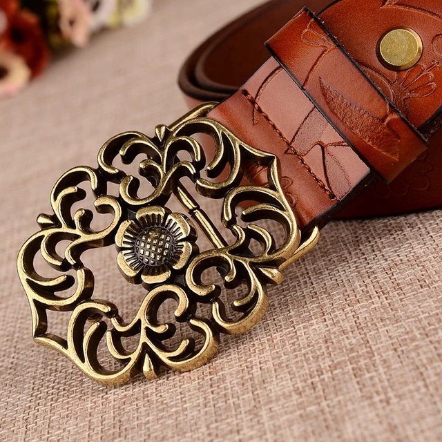 Sunflower Pattern Needle Buckle Belt Women Brown Fashion Business