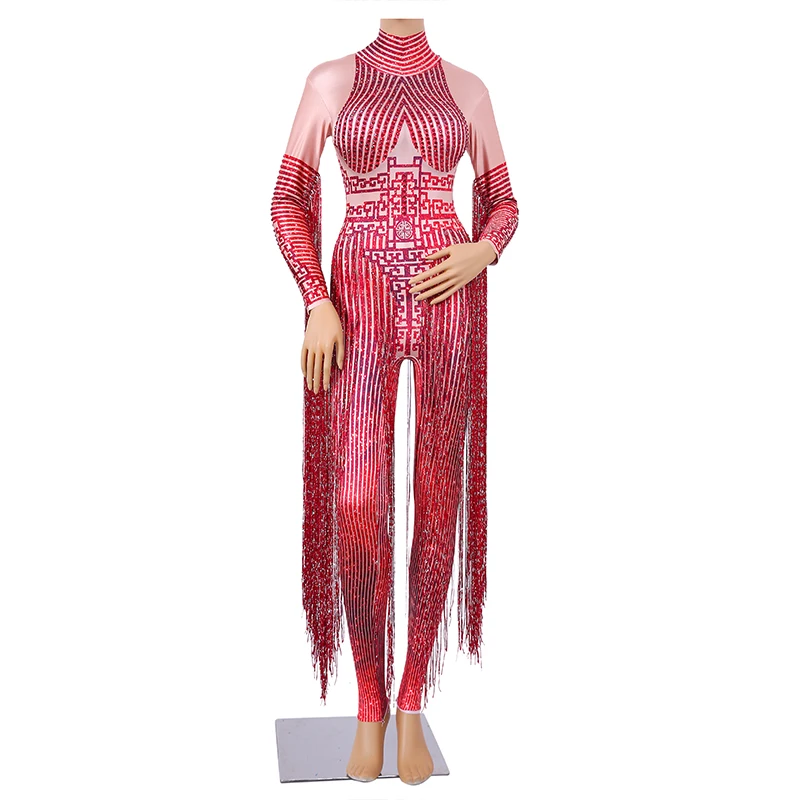Красные Сценические костюмы для танцовщиц с длинной кисточкой, женские облегающие стразы, комбинезон, боди для танцев на шесте, одежда для выступлений Showgirl
