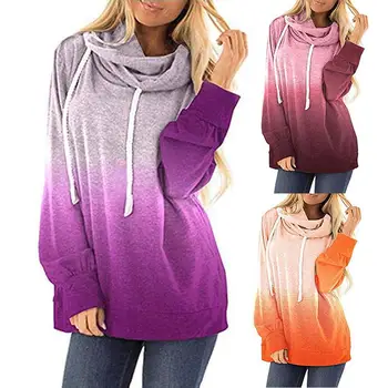 

2019 Casual Tie Dyes Print Cowl Neck Hooded Sweatshirt Women Loose Drawstring Hoodies Nylon/ Polyester/Spandex Women's Sweatshir